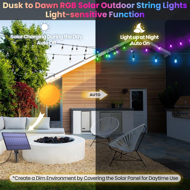 Larkvue 100FT(2x50FT) RGB Solar Outdoor String Lights with Remote, Multicolor&Warm