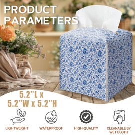 Chinoiserie Tissue Box Cover, Blue Floral Issue Box Cover, Gifts for Women Men Friends, Decorative Facial Paper Case for Home Office Bathroom Vanity Countertop-A26