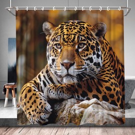 QWRSMYX Leopard Shower Curtain African Wild Animal Safari Forest Wildlife Cool Boy Man Polyester Fabric Bathroom Curtains Set with Hooks 70Wx70H Inch