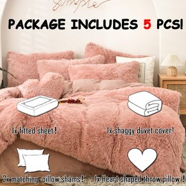 MorroMorn Luxury Shag Fluffy Comforter Cover Set, Shaggy Faux Fur Duvet Cover Sets - 5 Pcs Plush Quilt Cover Pillowcases Velvet Fitted Sheets, Fuzzy Bed Set for King Size Bed Blush Pink