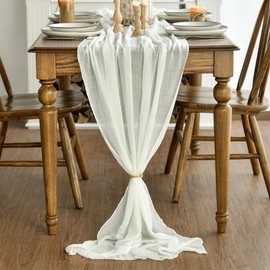 Artoid Mode White Fashion Boho Gauze Cheesecloth Dusty Table Runner, 90 x 300 cm Seasonal Holiday Kitchen Dining Table Decoration for Indoor Outdoor Home Party Decor