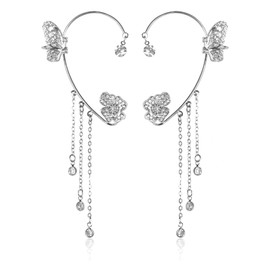 2 Pcs Butterfly Ear Cuffs Earrings for Women Butterfly Tassel Ear Wrap No Piercing Ears Clip Glitter Rhinestone Ears Jewelry for Renaissance Party Wedding Fairy Costume Cosplay Accessories (Silver)