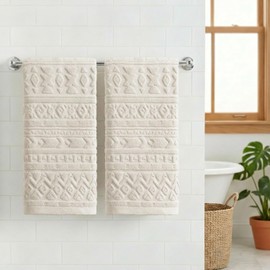 Artoid Mode Beige 3D Geometric Design Jacquard Hand Towels for Bathroom 35 x 75 cm, 100% Cotton Soft Absorbent Bathroom Decor Towels Set of 2