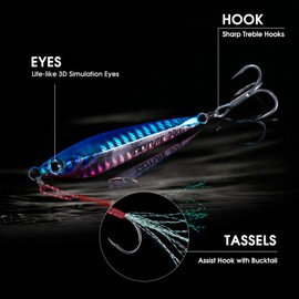 Goture Fishing Jigs, Jig Fishing Lures with Assist Hook and Treble Hook, 30g 10Pcs Vertical Jig Saltwater Freshwater, Fishing Jigging Spoon Lures with Tackle Box, Fishing Jig for Tuna,Salmon,Bass