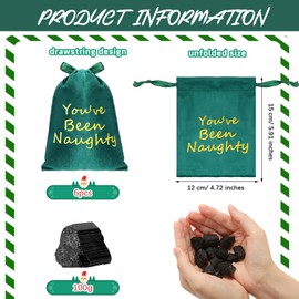 Queekay 6 Pcs You've Been Naughty Bag with Lump Coal Christmas Bag of Coal Naughty Plush Bag with Faux Coal Christmas Gag Gift for Santa Stocking Stuffer Xmas Supplies(Green)