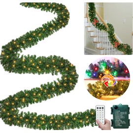 TURNMEON Remote Control 18 Ft Extra Long Prelit Christmas Garland Outdoor 100 Warm White & Multicolor Lights 12 Modes Timer Cedar Garland Battery Operated 600 Branch Christmas Decoration Stairs Mantle