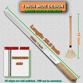 JOWHONK 23.5" Long Kabob Skewers,1 Inch Wide 304 Stainless Steel Barbecue Skewers for Grilling with Wooden Handle,Metal Flat BBQ Skewer for Koubideh Brazilian Shish Kebab Skewer(8),BBQ Mop Brush(1)