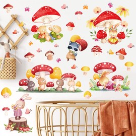 Nursery Wall Sticker Mushroom Wall Art Stickers Cute Rabbit Bear Wall Decals for Kid Baby Room Decor Cartoon Animal Wall Stickers Removable Flower Bunny Decal for Bedroom Playroom Living Room