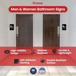 Promot Men and Women Handicap Restroom Sign – ADA Braille Bathroom Sign for Business, Self-Adhesive, 9" x 6", Commercial Door Signage, Office Wall Decor - Black