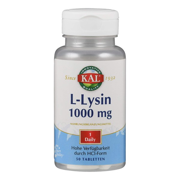 Kal L-Lysine | 1000 mg | 50 Tablets | Vegan | Gluten Free | GMO Free | Laboratory Tested | Dietary Supplement with Essential Aminic Acids | Important for All Body Functions