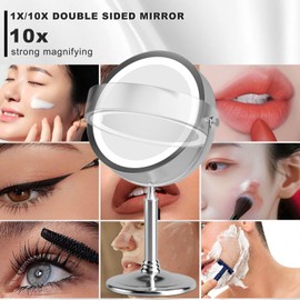 Lemofuta Rechargeable 2-Sided Makeup Mirror, 1X/10X Magnification, 3 Color Lights, 360° Swivel, Cordless & Detachable, 4500mAh Battery