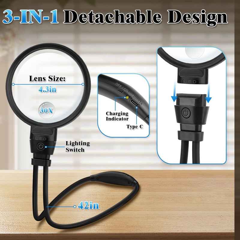 10X 30X Large Magnifying Glass with Light for Reading, Hands