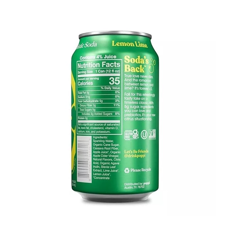 Poppi Lemon Lime Flavor, 12 Fl Oz, Pack of 12