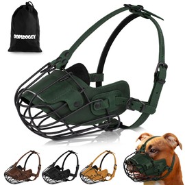 OOPSDOGGY Metal Pitbull Dog Muzzle Reflective Leather Mask Secure Wire Basket Muzzle for Large Sized Dogs Amstaff Soft Cage Muzzle to Prevent Biting Chewing with Adjustable Straps (Green, Pitbull)