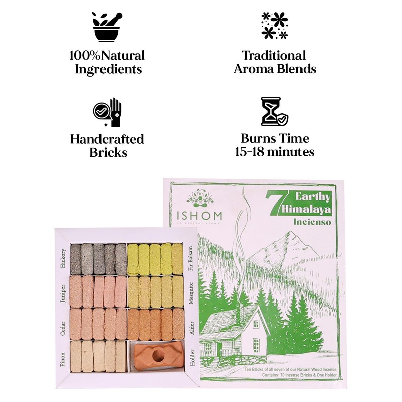 ISHOM | 7 Earthy Himalaya Smudge Incense Bricks|Pinon,Cedar,Juniper,Hickory,Alder, Mesquite and