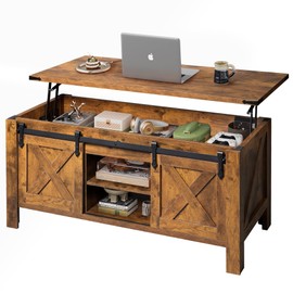 WLIVE Farmhouse Lift Top Coffee Table with Sliding Barn Doors, Large Hidden Storage Compartment and Adjustable Shelf for Living Room,Office, 47.3" Rustic Brown