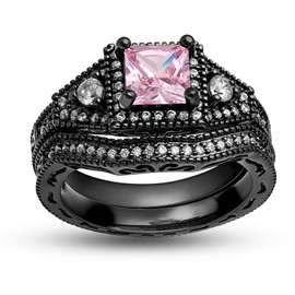 Danielle Wedding Ring Set for Women by Ginger Lyne | Black Plated Engagement Ring for Women | Black Purple Pink or Blue Cubic Zirconia Wedding Band Gothic Birthstone Bridal Jewelry