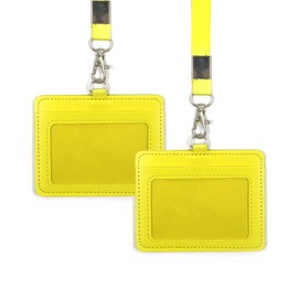 2 Piece 4.1x3.3inch Double Sided PU ID Badge Holder, ID Card Holder with Neck Strap Lanyard, Horizontal Genuine Leather ID Card, Leather Name Card Holder for School Office