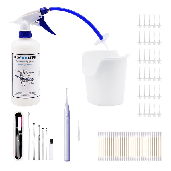 BOCOOLIFE Ear Cleaning Kit, Ear Wax Removal Tool Ears Cleaner, Ear Wash Irrigation Kit with Lighted Ear Curette Pick,Ear Basin,30 Ear Tips,Cotton Swabs,Safe and Easy Clean Ear Blockage Wax of All Ages