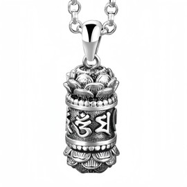 HannaFires Silver Tibetan Prayer Wheel - Spinning Buddhist Mantra Necklace, Bless Peace And Good Luck, Pendant Prayer Locket, Medium, Silver, No Gemstone