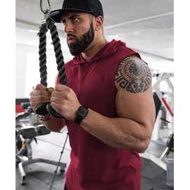 FLLSGT Men's Sleeveless Hoodie Bodybuilding Stringers Workout Tank Tops Fitness Training Vest(Wine Red Small)