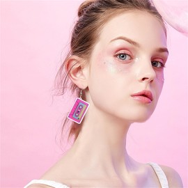 MALOYANVE Cassette Tape Earrings for Women Funny Acrylic Colorful 80s 90s Neon Retro Lightweight Statement Dangle Earrings Cosplay Party Jewelry Gifts Accessories (Pink)