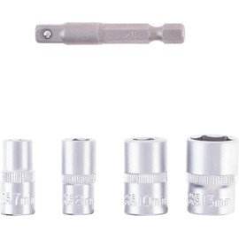 Original Einhell Socket Spanner Set with Adapter, 5 Pieces, 7-13 mm (Hexagon Socket, Chrome Vanadium, E 6.3 Shank)