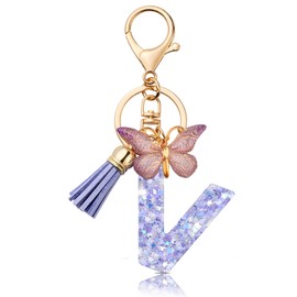 MORSUNBELA Keyring Letter Keyring with Initial Letter Butterfly Keyring Teenager Girls, Purple-V