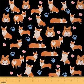 Corgi Dog Upholstery Fabric by The Yard,Cute Puppy Dog Decorative Fabric for Upholstery and Home DIY Projects,Kawaii Pet Waterproof Outdoor Fabric, 1 Yard, Orange Black