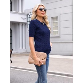 LACOZY Spring Summer Crochet Tops for Women Knit Short Sleeve Polo V Neck Collared Hollow Out Casual Sweater Top Blue