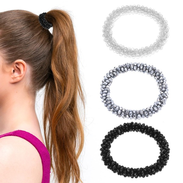 Nogeqi 3 Pcs Rhinestone Hair Ties,Beaded Hair Scrunchies,Elastic Ponytail Holder,Silver