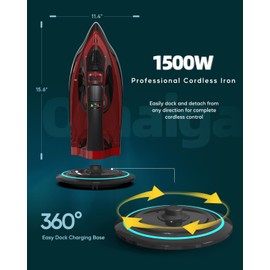 OMAIGA Cordless Iron, 1500W Cordless Iron with Steam with 11.84ozs Water Tank, Anti ...