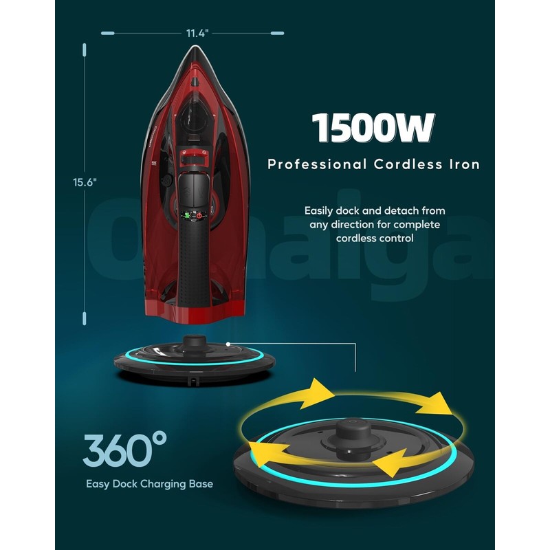 OMAIGA Cordless Iron, 1500W Cordless Iron with Steam with 11.84ozs