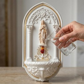 6.3” Holy Water Font - Washable Resin Holy Water Holder for Home Entrance, Handcrafted Wall Mounted Holy Water Table Font for Catholic Religious Gift