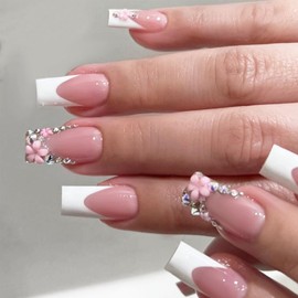 Long Square French False Nails - 24PCS Fake Nail with Diamond Flower Nails French Tip with Glue - Stick on Nails White French Nail Tips for Women Girls Valentines Day Nails Art (French White Diamond)