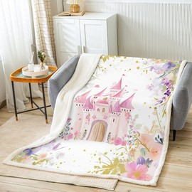 Manfei Pink Castle Kids Throw Blanket Watercolor Flower Bed Blanket for Girls Princess Adults, Fairy Tale Garden Floral Blanket for Couch Sofa, Soft and Breathable Fleece Blanket(50 x 60 Inches)