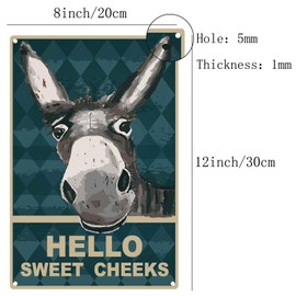 CREATCABIN Funny Bathroom Quote Metal Tin Sign Vintage Hello Sweet Cheeks Sign Donkey Tin Sign for Bathroom Kitchen Cafe Wall Decor, 8 x 12 Inch