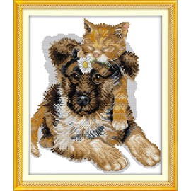 Howie's Cross Stitch Kits, 14CT Pre-Printed Pattern Embroidery Set Needlework, Full Range of Stamped Starter Kits(The Sleeping Cats, 11.02 x 12.6 inch)