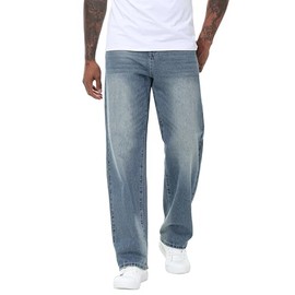 MZNBURAM Men's Non-Stretch Loose Fit Wide-Leg Baggy Jeans Pants (34, A#Navy Blue)