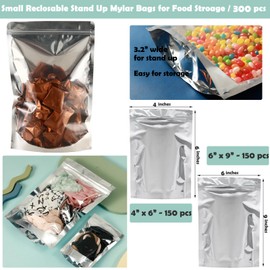300-Pack Reclosable Small Mylar Bags for Food Storage 4" x 6" and 6" x 9" Stand Up Ziplock Pouch Bags Resealable Smell Proof Aluminum Foil Bags with Clear Window Kitchen Storage Edible Packaging
