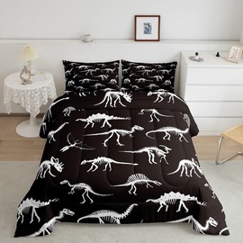 Homewish Dinosaur Skeleton Comforter Set Dinosaur Bones Bedding Set for Kids Girls Women Adults Ancient Animals Comforter Black and White Quilted Duvet Set Bedroom Collection Twin Size 2Pcs