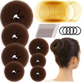 FANDAMEI Hair Bun Maker Kit, 7 Hair Donuts for Buns, 10 Invisible Hair Nets for Buns, 20 Bobby Pins 5 Elastics, Hair Donut Bun Maker Bun Nets for Ballet Girls Dance Women Kid- Light Brown