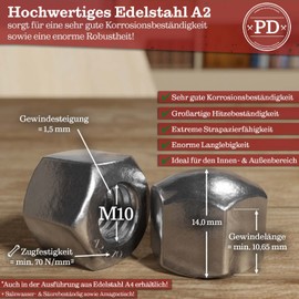 PD® Cap Nuts M10 Stainless Steel (DIN 917) | High Quality A2 V2A Stainless Steel Cap Nuts | Protective Caps Nuts in Low Shape for Screws, Threaded Rods & Threaded Bolts | Pack of 10