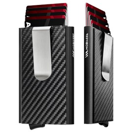 MOSIYEEF Slim Leather Card Holder RFID Wallet for Men - Minimalist Pop Up Men Wallet with Money Clip-wrapped Compact Carbon Fiber Wallet for 6 Credit Cards - Gifts for Him