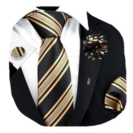 GUSLESON Gold Striped Tie for Wedding Mens Silk Black Necktie Pocket Square Cufflinks and Lapel Pin Brooch Set (6108-46)