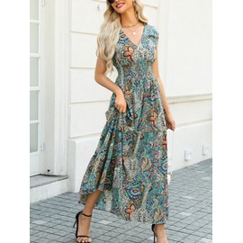 CUPSHE Women's Boho Paisley Maxi Dress V Neck Cap Sleeve Smocked Ruffled A Line Long Summer Dresses Green Paisley, M