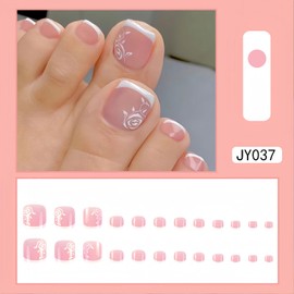 French Press on Toenails Rose Design Fake Toe Nails Glossy Full Cover Stick on Nail Glue on Toe Nails Exquisite Artificial Acrylic Nails for Women Girls Summer Nail Decoration 24Pcs