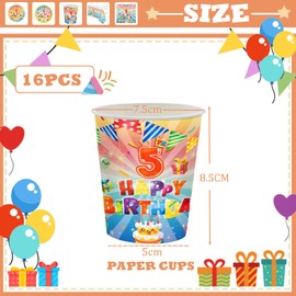 16Pcs 5th Birthday Paper Cups,Colourful Kids 5th Birthday Tableware Party Cups Disposable,Happy 5th Birthday Table Decorations Cup Birthday Gifts for Girls,Boys,Kids 5th Birthday Party Decoration
