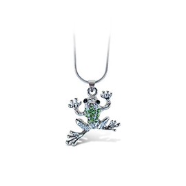 Puzzled Green Frog Necklace, 18 Inch Fashionable & Elegant Silver Chain Jewelry with Rhinestone Studded Pendant For Teenagers and Women Fashion Neck Accessory