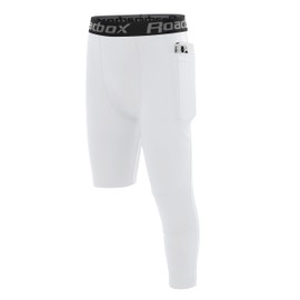 Roadbox Boys One Leg Compression Leggings, 3/4 Basketball Tights,Youth Single Leg Sports Baselayer Pants with Pockets White